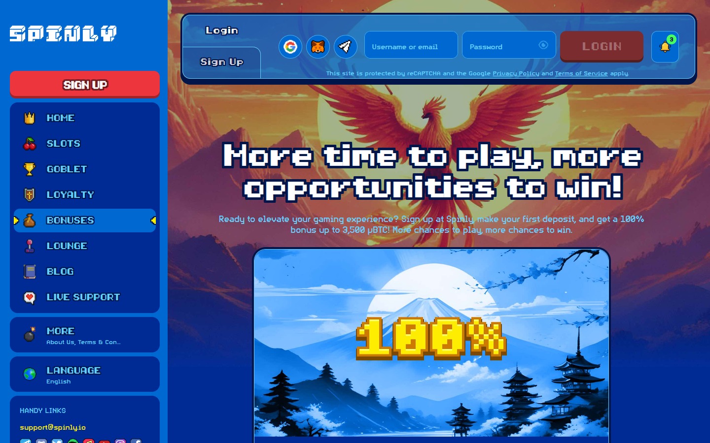 Spinly bonuses page — 100% first deposit bonus up to 3,500 µBTC