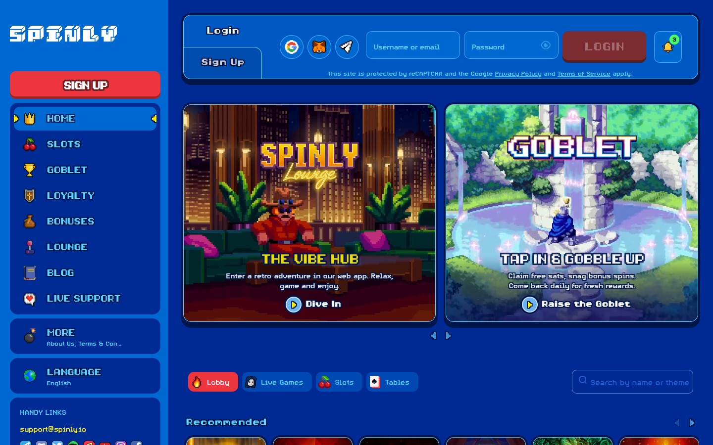 Spinly.io homepage — AURA responsible gaming system and Spinly Lounge visible alongside the game lobby