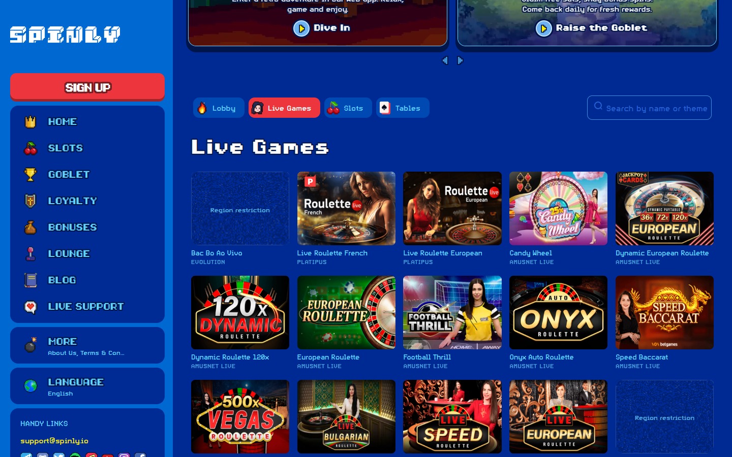 Spinly live casino section — Evolution Gaming and Amusnet Live dealer tables