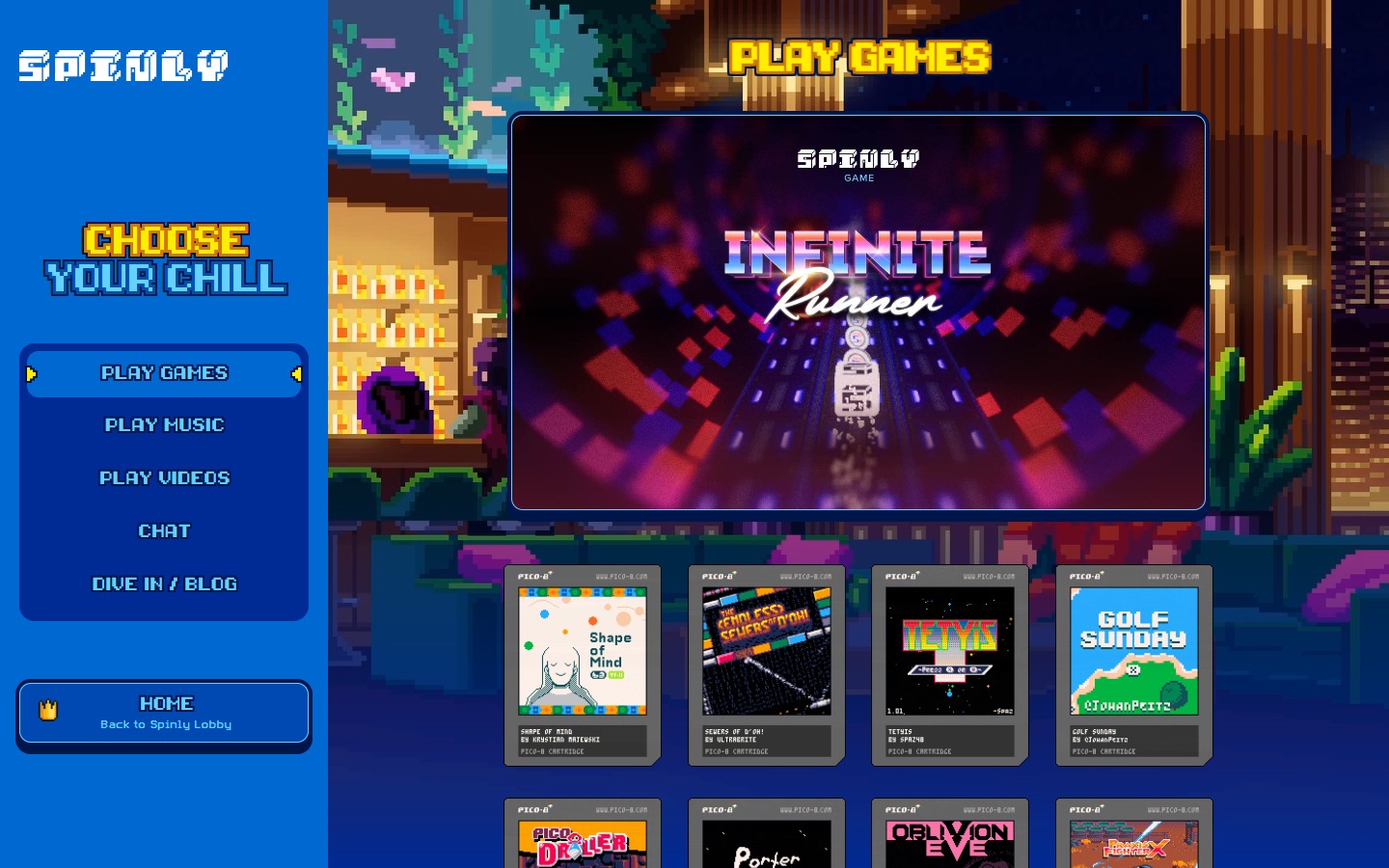 Spinly Lounge — non-gambling chill zone with mini games, original music, videos and community chat