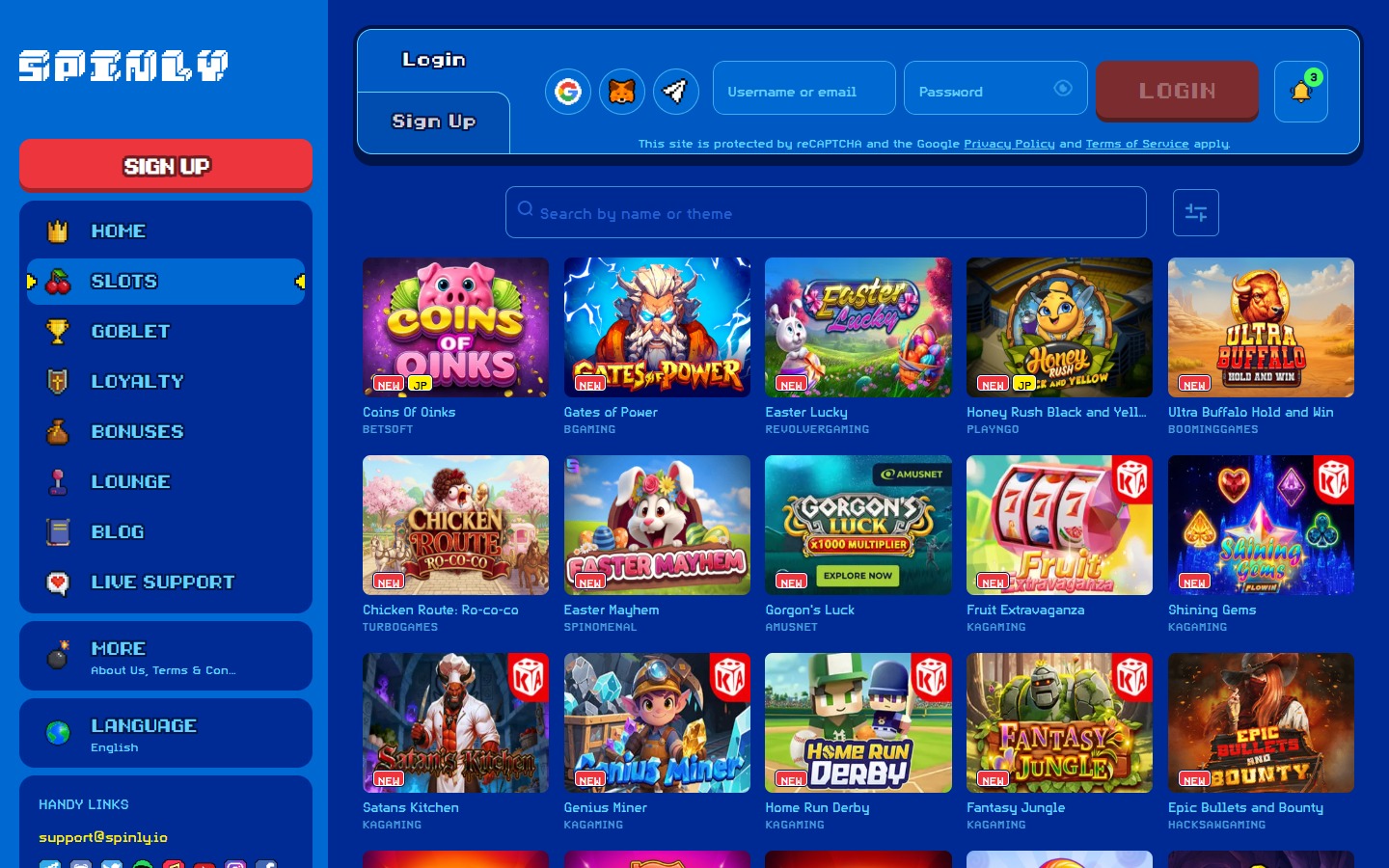 Spinly slots lobby — 4,000+ games from 40+ providers including BetSoft, BGaming, Hacksaw and more