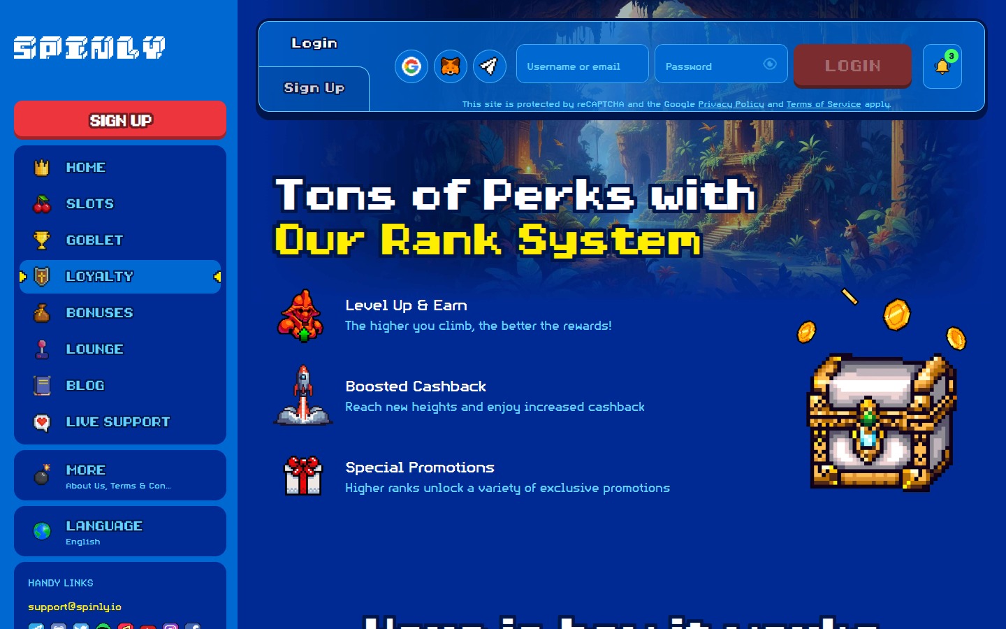 Spinly VIP loyalty page — 20-rank system with cashback and withdrawal limit perks